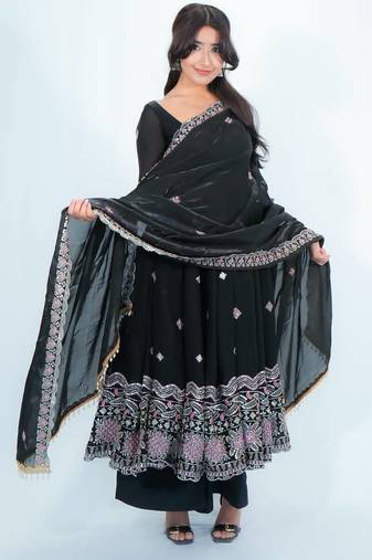 Black satin embroidered kurta set