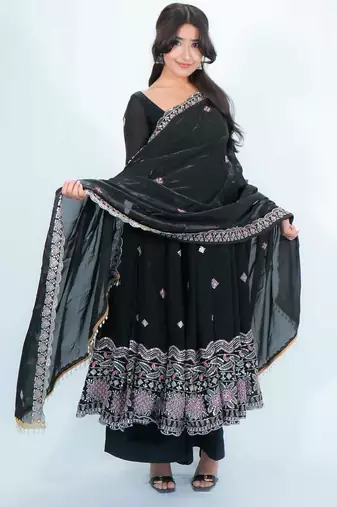 Black satin embroidered kurta set