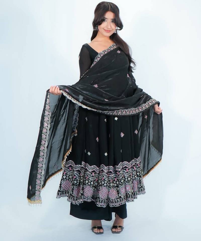Black satin embroidered kurta set