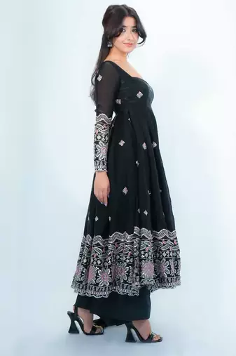 Black satin embroidered kurta set