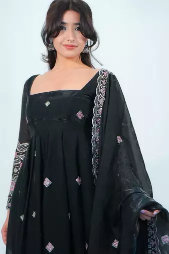 Black satin embroidered kurta set