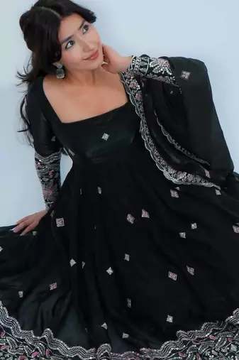 Black satin embroidered kurta set