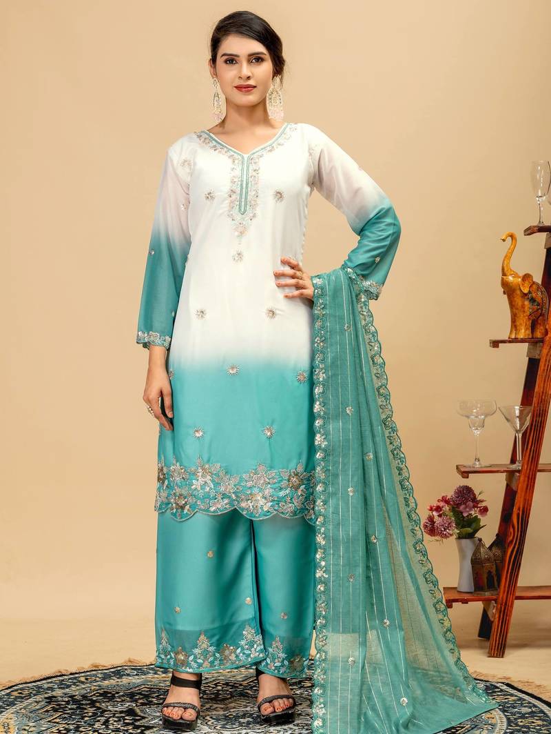 White georgette embroidered kurta set