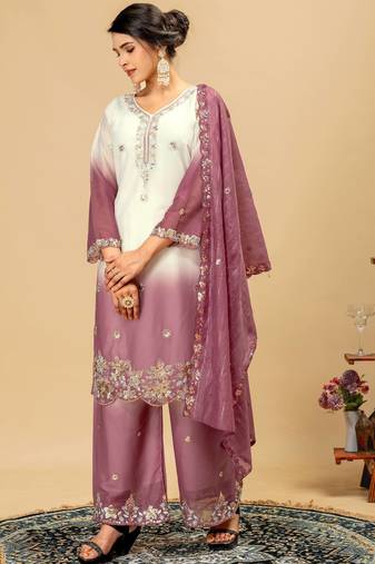 White georgette embroidered kurta set