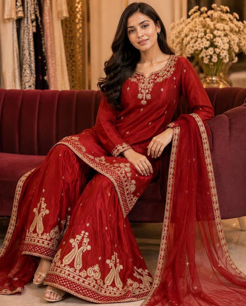 Maroon chiffon embroidered kurta set