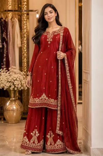 Maroon chiffon embroidered kurta set