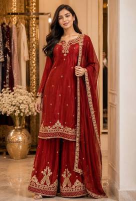 Maroon chiffon embroidered kurta set 3