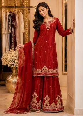 Maroon chiffon embroidered kurta set 5