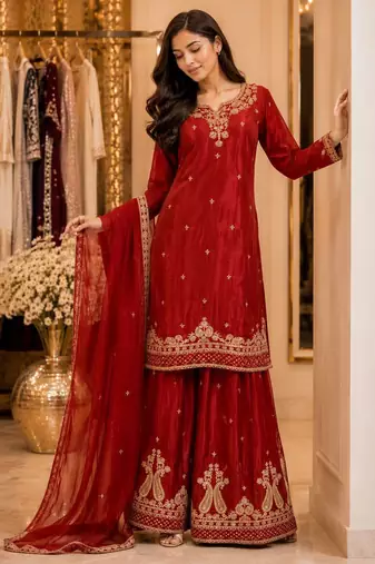Maroon chiffon embroidered kurta set