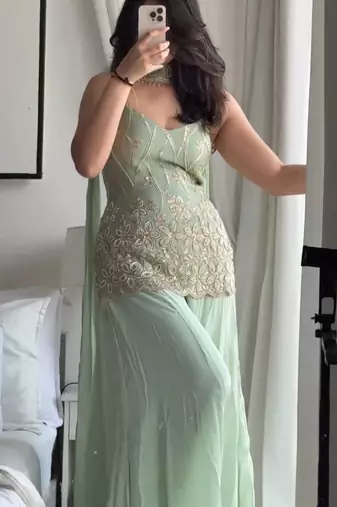 Green georgette embroidered kurta set