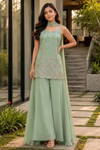 Green georgette embroidered kurta set