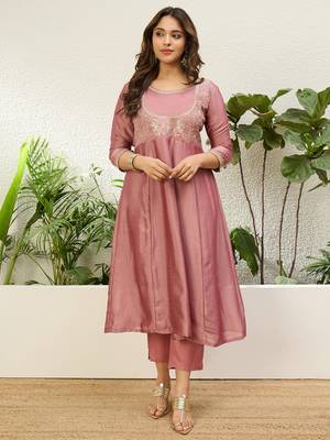 Women's vichitra silk anarkali kurta with pant & dupatta set 4