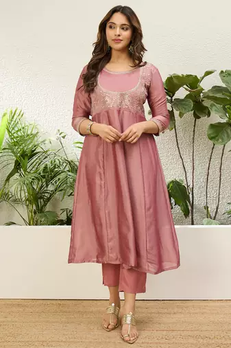 Women's vichitra silk anarkali kurta with pant & dupatta set