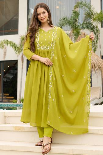 Lemon yellow chinon flared kurta set