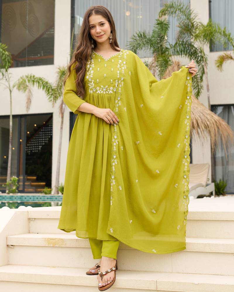 Lemon yellow chinon flared kurta set