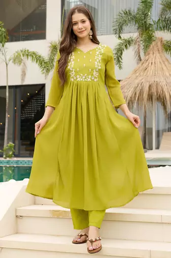 Lemon yellow chinon flared kurta set