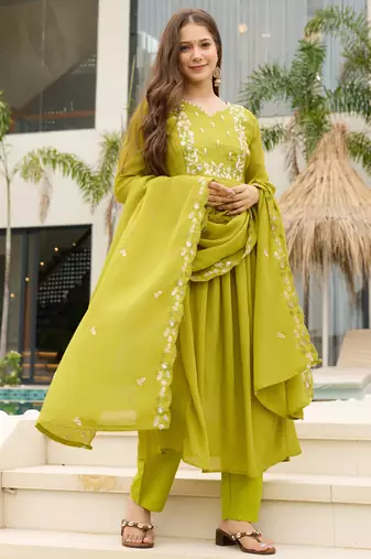 Lemon yellow chinon flared kurta set