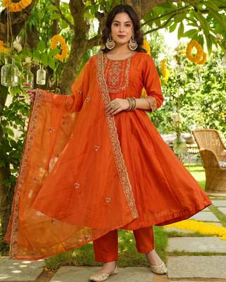 Orange vichitra silk blend embroidered 10 kali kurta set 1