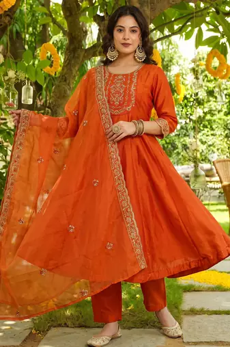 Orange vichitra silk blend embroidered 10 kali kurta set