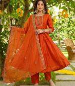 Orange vichitra silk blend embroidered 10 kali kurta set