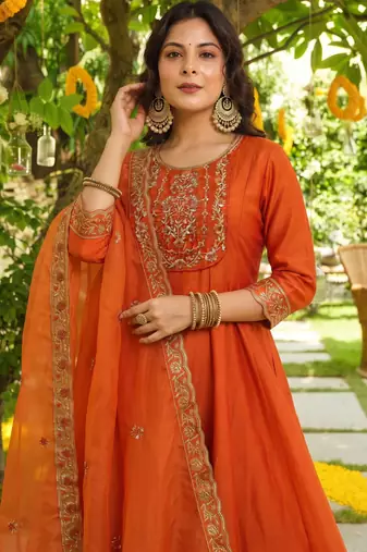 Orange vichitra silk blend embroidered 10 kali kurta set