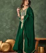 Green vichitra silk blend embroidered flared kurta set