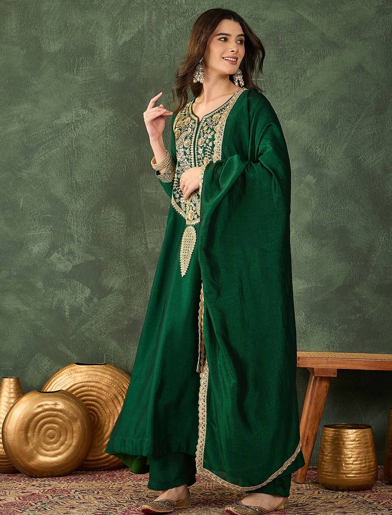 Green vichitra silk blend embroidered flared kurta set