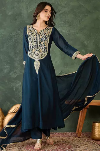 Navy vichitra silk blend embroidered flared kurta set