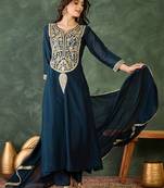 Navy vichitra silk blend embroidered flared kurta set