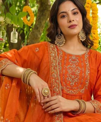 Orange vichitra silk blend embroidered 10 kali kurta set 3