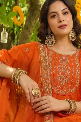 Orange vichitra silk blend embroidered 10 kali kurta set