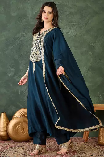 Navy vichitra silk blend embroidered flared kurta set