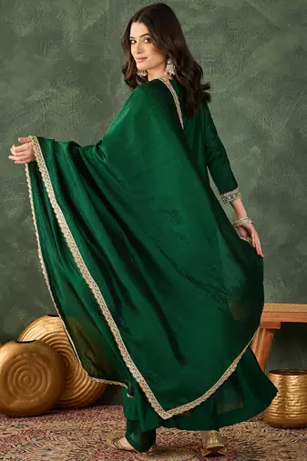 Green vichitra silk blend embroidered flared kurta set