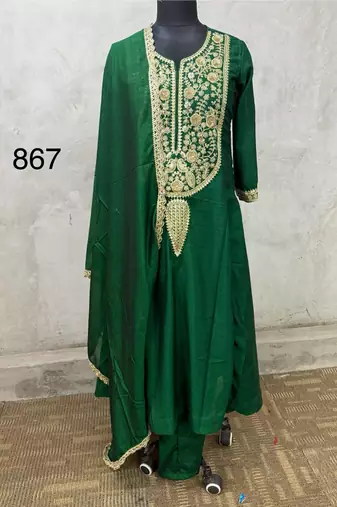 Green vichitra silk blend embroidered flared kurta set