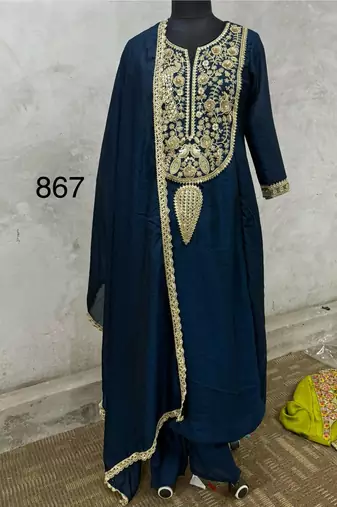 Navy vichitra silk blend embroidered flared kurta set