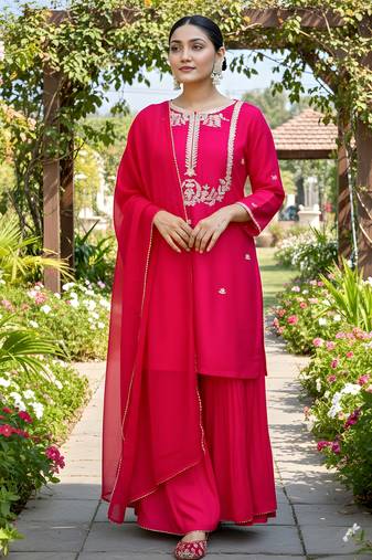 Red viscose silk blend embroidered kurta set