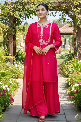 Red viscose silk blend embroidered kurta set