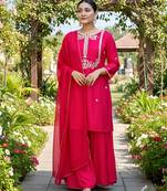 Red viscose silk blend embroidered kurta set