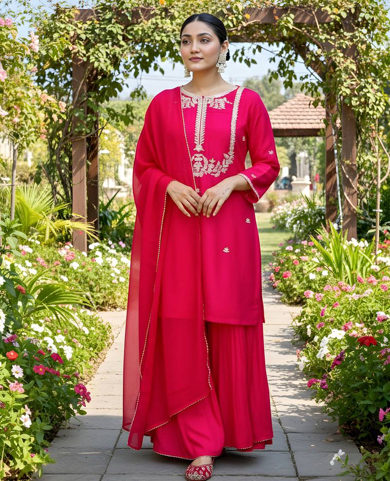 Red viscose silk blend embroidered kurta set