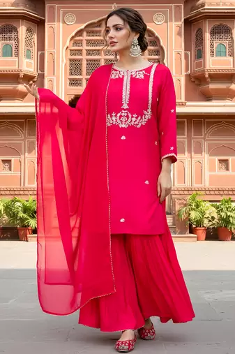Red viscose silk blend embroidered kurta set