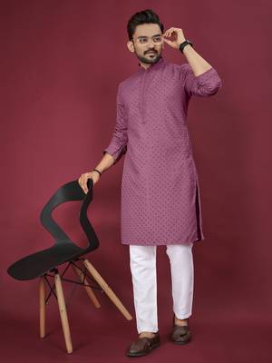 Dusty Pink Heavy Embroidery Work With Fabric Cotton Rayon Mens Ethnic wear Kurta Pajama Set  1