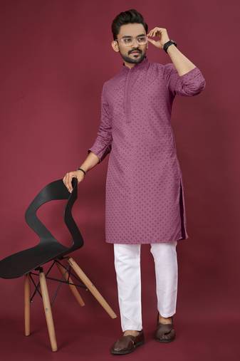 Dusty Pink Heavy Embroidery Work With Fabric Cotton Rayon Mens Ethnic wear Kurta Pajama Set 