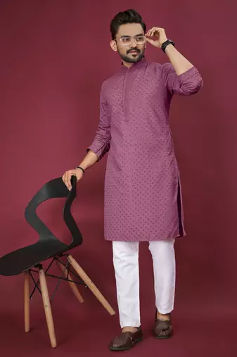 Dusty Pink Heavy Embroidery Work With Fabric Cotton Rayon Mens Ethnic wear Kurta Pajama Set 