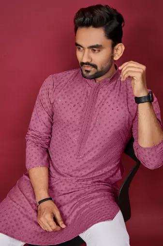 Dusty Pink Heavy Embroidery Work With Fabric Cotton Rayon Mens Ethnic wear Kurta Pajama Set 