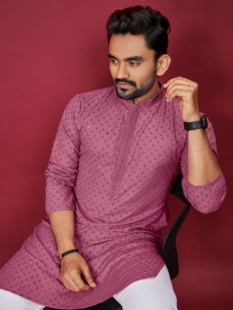 Dusty Pink Heavy Embroidery Work With Fabric Cotton Rayon Mens Ethnic wear Kurta Pajama Set 