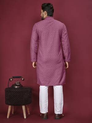 Dusty Pink Heavy Embroidery Work With Fabric Cotton Rayon Mens Ethnic wear Kurta Pajama Set  5