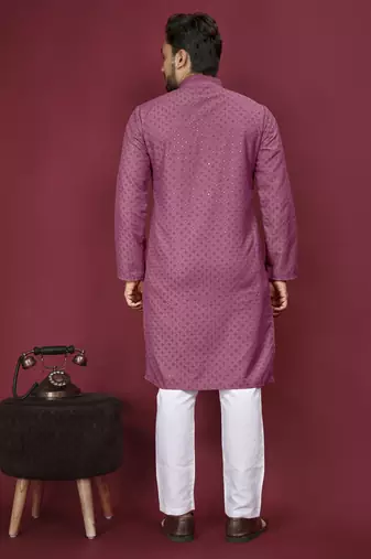 Dusty Pink Heavy Embroidery Work With Fabric Cotton Rayon Mens Ethnic wear Kurta Pajama Set 