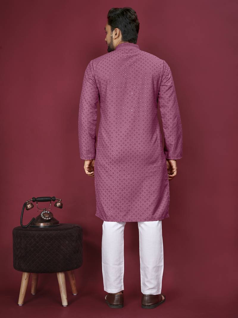 Dusty Pink Heavy Embroidery Work With Fabric Cotton Rayon Mens Ethnic wear Kurta Pajama Set 