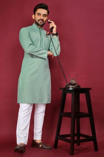 Sea Green Heavy Embroidery Work With Fabric Cotton Rayon Mens Ethnic wear Kurta Pajama Set 