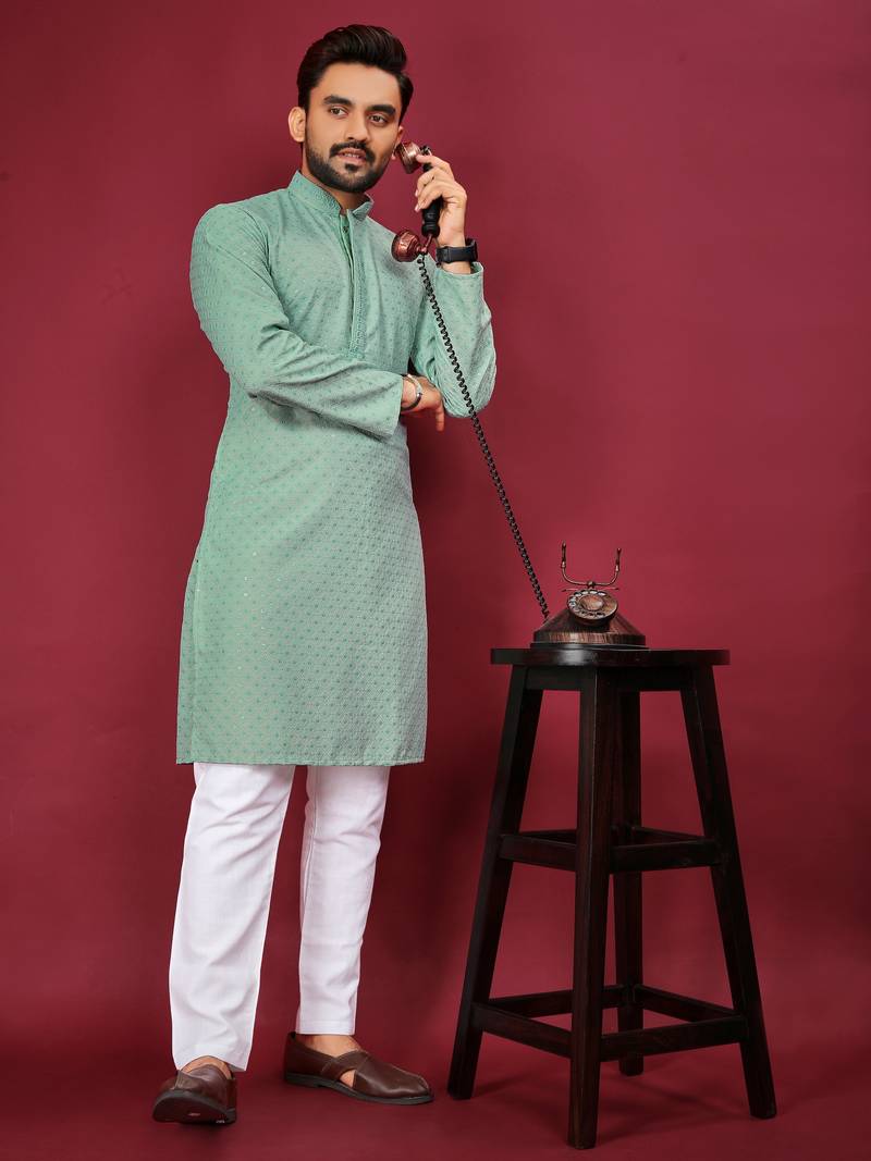 Sea Green Heavy Embroidery Work With Fabric Cotton Rayon Mens Ethnic wear Kurta Pajama Set 